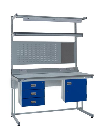 Cantilever Workbench - Laminate Top H.840 W.1500 D.750mm - Storage Cupboard, Triple Drawer Unit, 1180mm Rear Support Posts, Service Duct Worktop Fitti