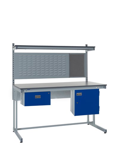 Cantilever Workbench - Laminate Top H.840 W.1500 D.750mm - Single Drawer, Storage Cupboard, 760mm Rear Support Posts, Louvre Panel & Laminate Upper Sh