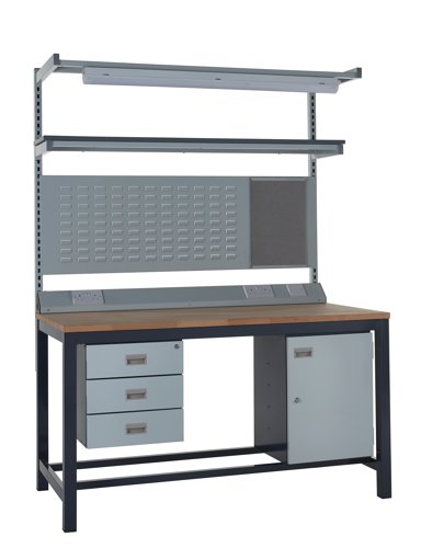 Kit F - 1200mm Heavy Duty Workbench With Accessories - Solid Beech Worktop - Triple Drawer Unit, Storage Cupboard, 1180mm Rear Support Posts, Service 