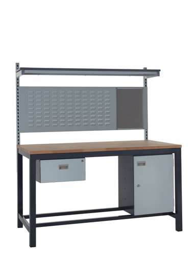 Kit C - 1200mm Heavy Duty Workbench With Accessories - Solid Beech Worktop - Single Drawer, Storage Cupboard, 760mm Rear Support Posts, Louvre Panel &