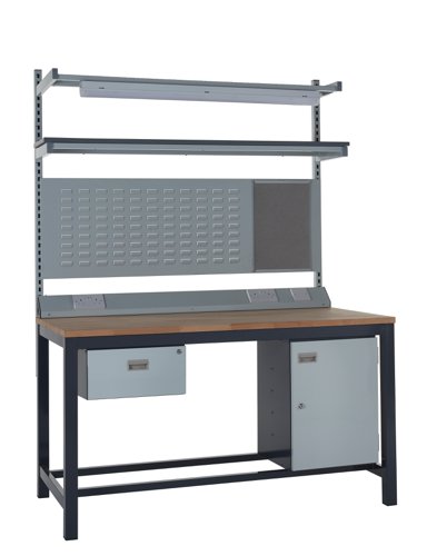 Kit E - 1500mm Heavy Duty Workbench With Accessories - Solid Beech Worktop - Single Drawer, Storage Cupboard, 1180mm Rear Support Posts, Service Duct 