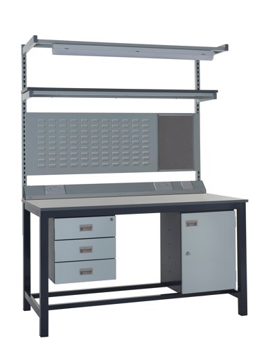 Kit F - 1500mm Heavy Duty Workbench With Accessories - Laminate Worktop - Triple Drawer Unit, Storage Cupboard, 1180mm Rear Support Posts, Service Duc