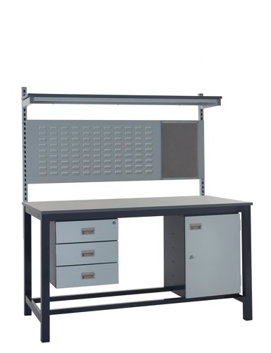 Kit D - 1500mm Heavy Duty Workbench With Accessories - Laminate Worktop - Triple Drawer Unit, Storage Cupboard, 760mm Rear Support Posts, Louvre Panel