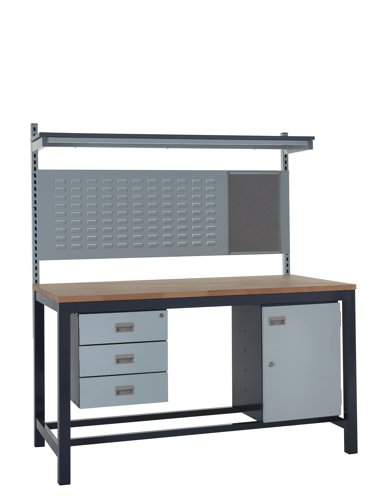 Kit D - 1800mm Heavy Duty Workbench With Accessories - Solid Beech Worktop - Triple Drawer Unit, Storage Cupboard, 760mm Rear Support Posts, Louvre Pa