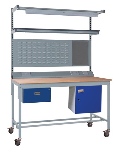 Mobile Square Tube Workbench - Beech Top 840h x 1200w x 750d mm - Single Drawer, Storage Cupboard, 1180mm Rear Support Posts, Service Duct Worktop Fit