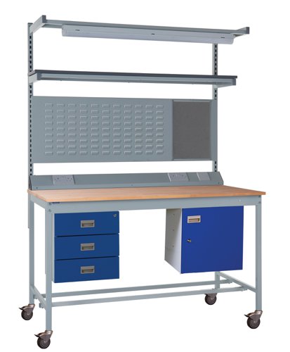 Mobile Square Tube Workbench - Beech Top 840h x 1200w x 750d mm - Storage Cupboard, Triple Drawer Unit, 1180mm Rear Support Posts, Service Duct Workto