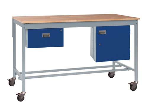 Mobile Square Tube Workbench - Beech Top 840h x 1200w x 750d mm - Single Drawer & Storage Cupboard
