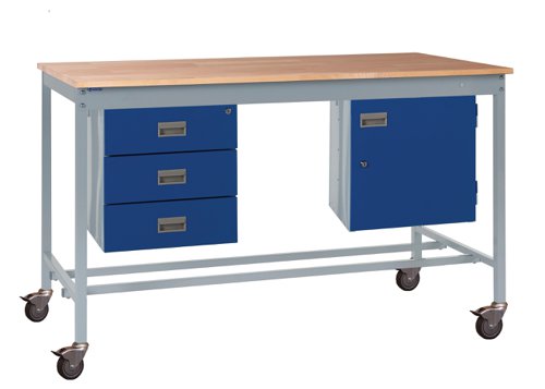 Mobile Square Tube Workbench - Beech Top 840h x 1200w x 750d mm - Storage Cupboard & Triple Drawer Unit