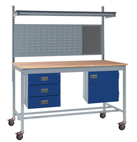 Mobile Square Tube Workbench - Beech Top 840h x 1200w x 750d mm - Storage Cupboard, Triple Drawer Unit, 760mm Rear Support Posts, Louvre Panel & Lamin