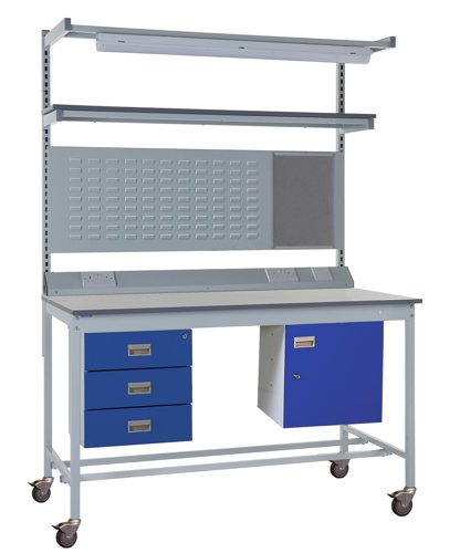 Mobile Square Tube Workbench - Laminate Top 840h x 1200w x 750 d mm - Storage Cupboard, Triple Drawer Unit, 1180mm Rear Support Posts, Service Duct Wo