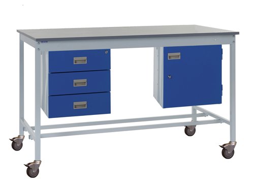 Mobile Square Tube Workbench - Laminate Top 840h x 1200w x 750d mm - Storage Cupboard & Triple Drawer Unit