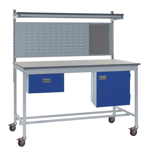 Mobile Square Tube Workbench - Laminate Top 840h x 1200w x 750d mm - Single Drawer, Storage Cupboard, 760mm Rear Support Posts, Louvre Panel & Laminat