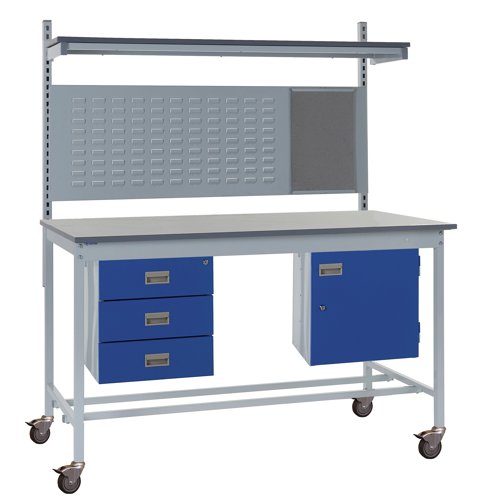 Mobile Square Tube Workbench - Laminate Top 840h x 1200w x 750d mm - Storage Cupboard, Triple Drawer Unit, 760mm Rear Support Posts, Louvre Panel & La