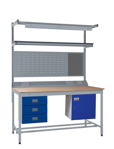 Square Tube Workbench - Beech Top H.840 W.1200 D.750mm - Storage Cupboard, Triple Drawer Unit, 1180mm Rear Support Posts, Service Duct Worktop Fitting