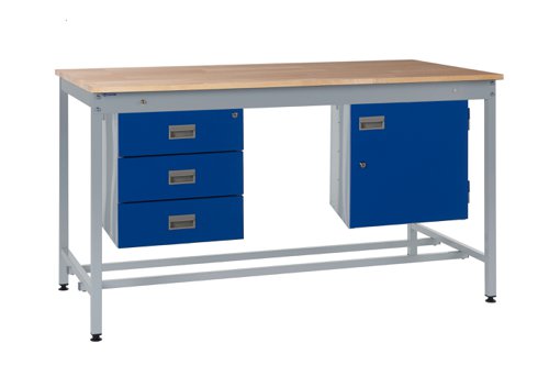 Square Tube Workbench - Beech Top H.840 W.1200 D.750mm - Storage Cupboard & Triple Drawer Unit