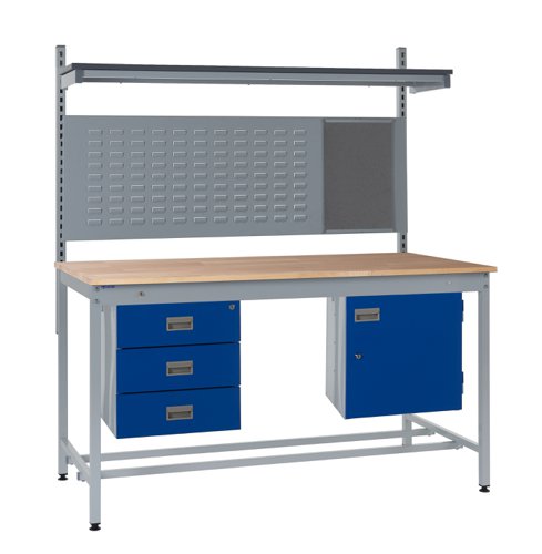 Square Tube Workbench - Beech Top H.840 W.1200 D.750mm - Storage Cupboard, Triple Drawer Unit, 760mm Rear Support Posts, Louvre Panel & Laminate Upper