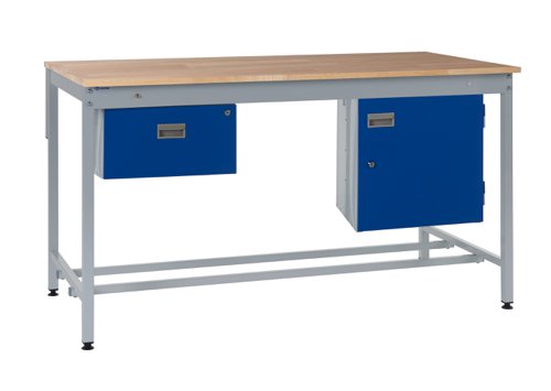 Square Tube Workbench - Beech Top H.840 W.1500 D.750mm - Single Drawer & Storage Cupboard