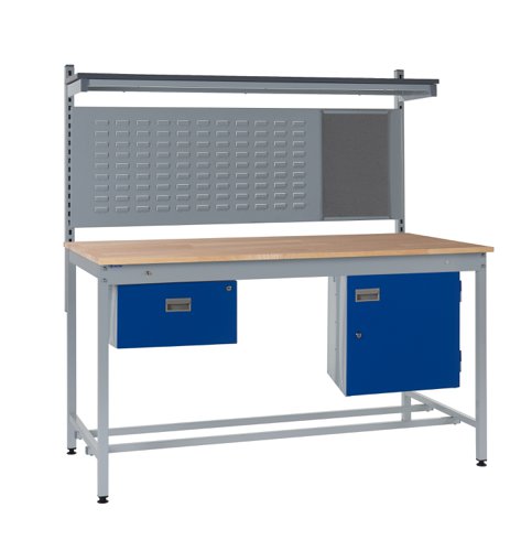 Square Tube Workbench - Beech Top H.840 W.1500 D.750mm - Single Drawer, Storage Cupboard, 760mm Rear Support Posts, Louvre Panel & Laminate Upper Shel