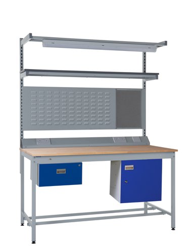 Square Tube Workbench - Beech Top H.840 W.1800 D.750mm - Single Drawer, Storage Cupboard, 1180mm Rear Support Posts, Service Duct Worktop Fitting, Lig