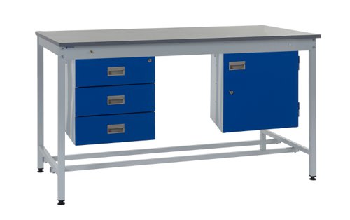 Square Tube Workbench - Laminate Top H.840 W.1800 D.750mm - Storage Cupboard & Triple Drawer Unit