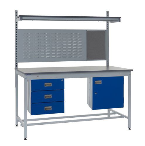 Square Tube Workbench - Laminate Top H.840 W.1800 D.750mm - Storage Cupboard, Triple Drawer Unit, 760mm Rear Support Posts, Louvre Panel & Laminate Up