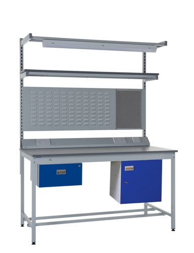 Square Tube Workbench - Laminate Top H.840 W.1800 D.750mm - Single Drawer, Storage Cupboard, 1180mm Rear Support Posts, Service Duct Worktop Fitting, 