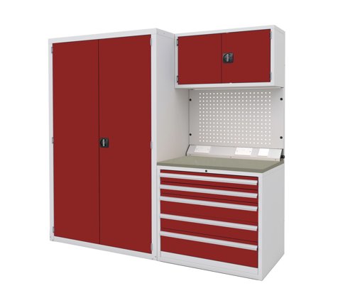 Euro slide Modular Workshop Kit 3 - Linoleum Worktop and Red Cupboards/Drawers