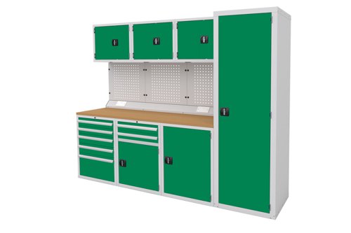 Euro slide Modular Workshop Kit 4 - Beech Worktop and Green Cupboards/Drawers