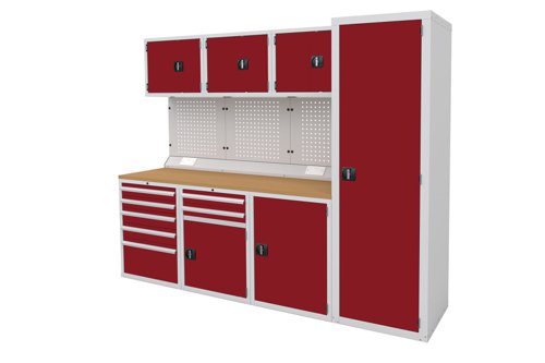 Euro slide Modular Workshop Kit 4 - Beech Worktop and Red Cupboards/Drawers