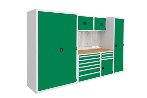 Euro slide Modular Workshop Kit 5 - Beech Worktop and Green Cupboards/Drawers