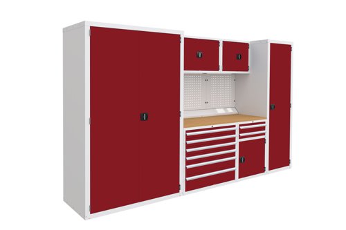 Euro slide Modular Workshop Kit 5 - Beech Worktop and Red Cupboards/Drawers