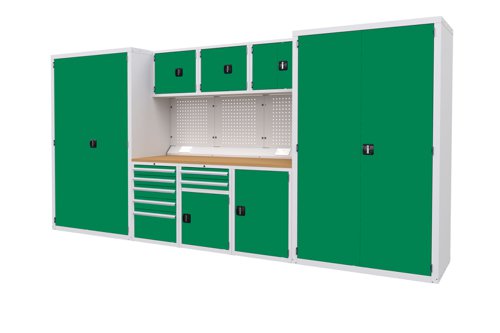 Euro slide Modular Workshop Kit 6 - Beech Worktop and Green Cupboards/Drawers