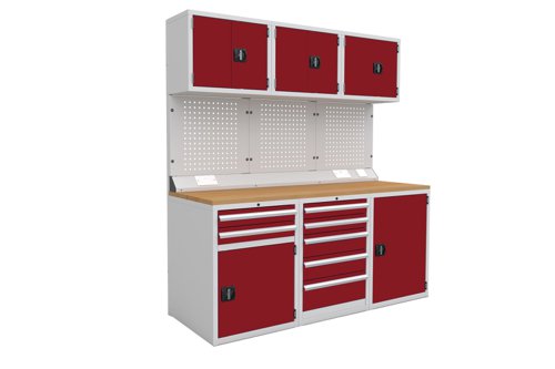 Euro slide Modular Workshop Kit 1 - Beech Worktop and Red Cupboards/Drawers