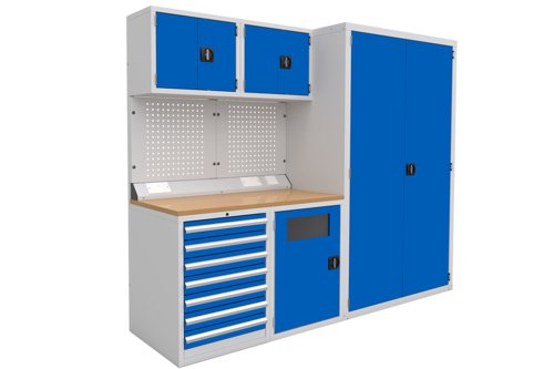 Euro slide Modular Workshop Kit 2 - Beech Worktop and Blue Cupboards/Drawers
