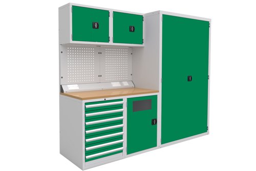 Euro slide Modular Workshop Kit 2 - Beech Worktop and Green Cupboards/Drawers