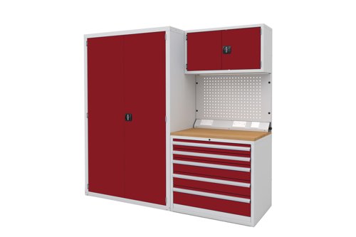 Euro slide Modular Workshop Kit 3 - Beech Worktop and Red Cupboards/Drawers