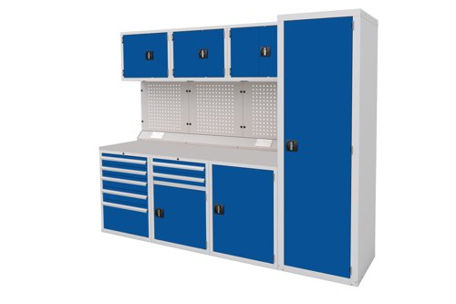 Euro slide Modular Workshop Kit 4 - Laminate Worktop and Blue Cupboards/Drawers