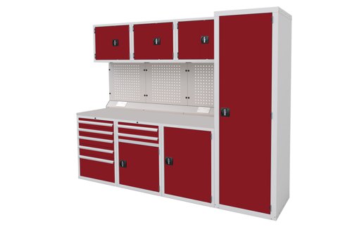 Euro slide Modular Workshop Kit 4 - Laminate Worktop and Red Cupboards/Drawers