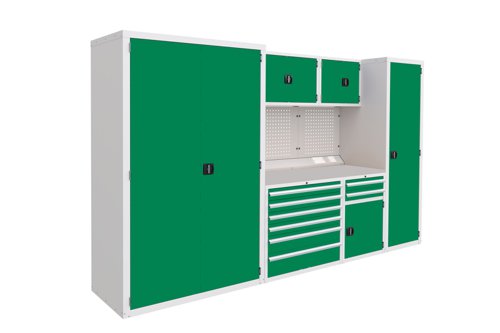 Euro slide Modular Workshop Kit 5 - Laminate Worktop and Green Cupboards/Drawers