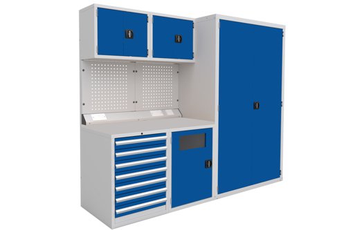 Euro slide Modular Workshop Kit 2 - Laminate Worktop and Blue Cupboards/Drawers