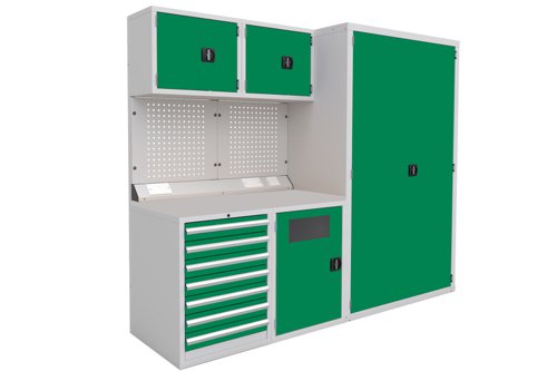 Euro slide Modular Workshop Kit 2 - Laminate Worktop and Green Cupboards/Drawers