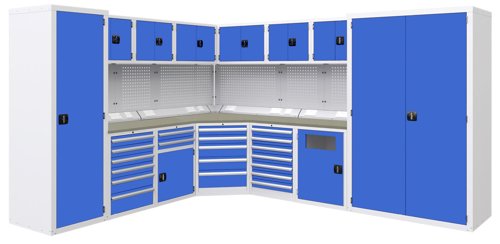 Euro slide Modular Workshop Corner Kit 2 - Linoleum Worktop and Blue Cupboards/Drawers