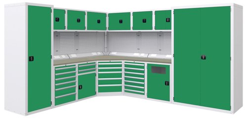 Euro slide Modular Workshop Corner Kit 2 - Linoleum Worktop and Green Cupboards/Drawers