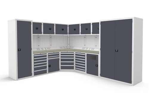Euro slide Modular Workshop Corner Kit 2 - Linoleum Worktop and Dark Grey Cupboards/Drawers