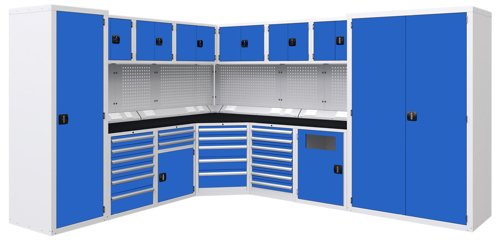Euro slide Modular Workshop Corner Kit 2 - Black Laminate Worktop and Blue Cupboards/Drawers