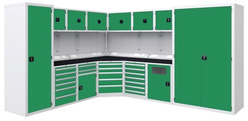Euro slide Modular Workshop Corner Kit 2 - Black Laminate Worktop and Green Cupboards/Drawers