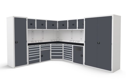 Euro slide Modular Workshop Corner Kit 2 - Black Laminate Worktop and Dark Grey Cupboards/Drawers