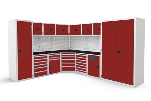 Euro slide Modular Workshop Corner Kit 2 - Black Laminate Worktop and Red Cupboards/Drawers