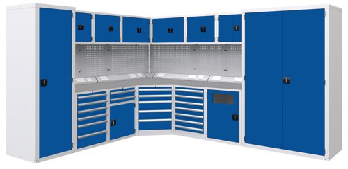 Euro slide Modular Workshop Corner Kit 2 - Laminate Worktop and Blue Cupboards/Drawers