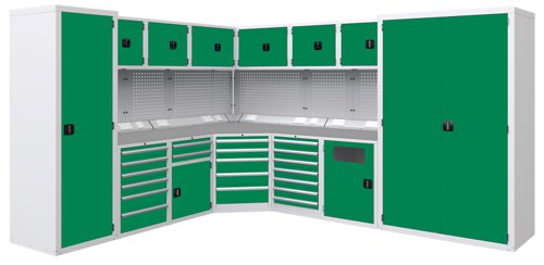 Euro slide Modular Workshop Corner Kit 2 - Laminate Worktop and Green Cupboards/Drawers